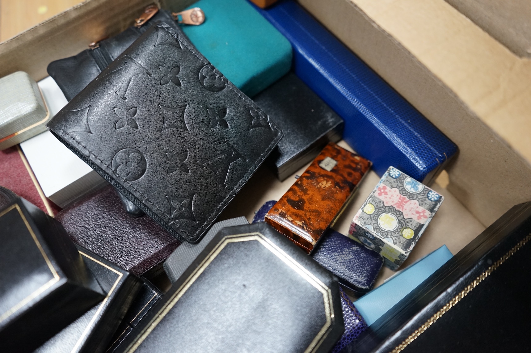 A large collection of assorted jewellery and other boxes, including J.W. Benson and Tiffany & Co.